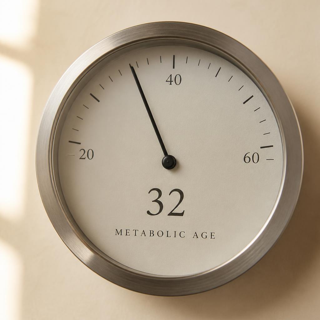 Sample metabolic-age dial result showing 32 out of 40